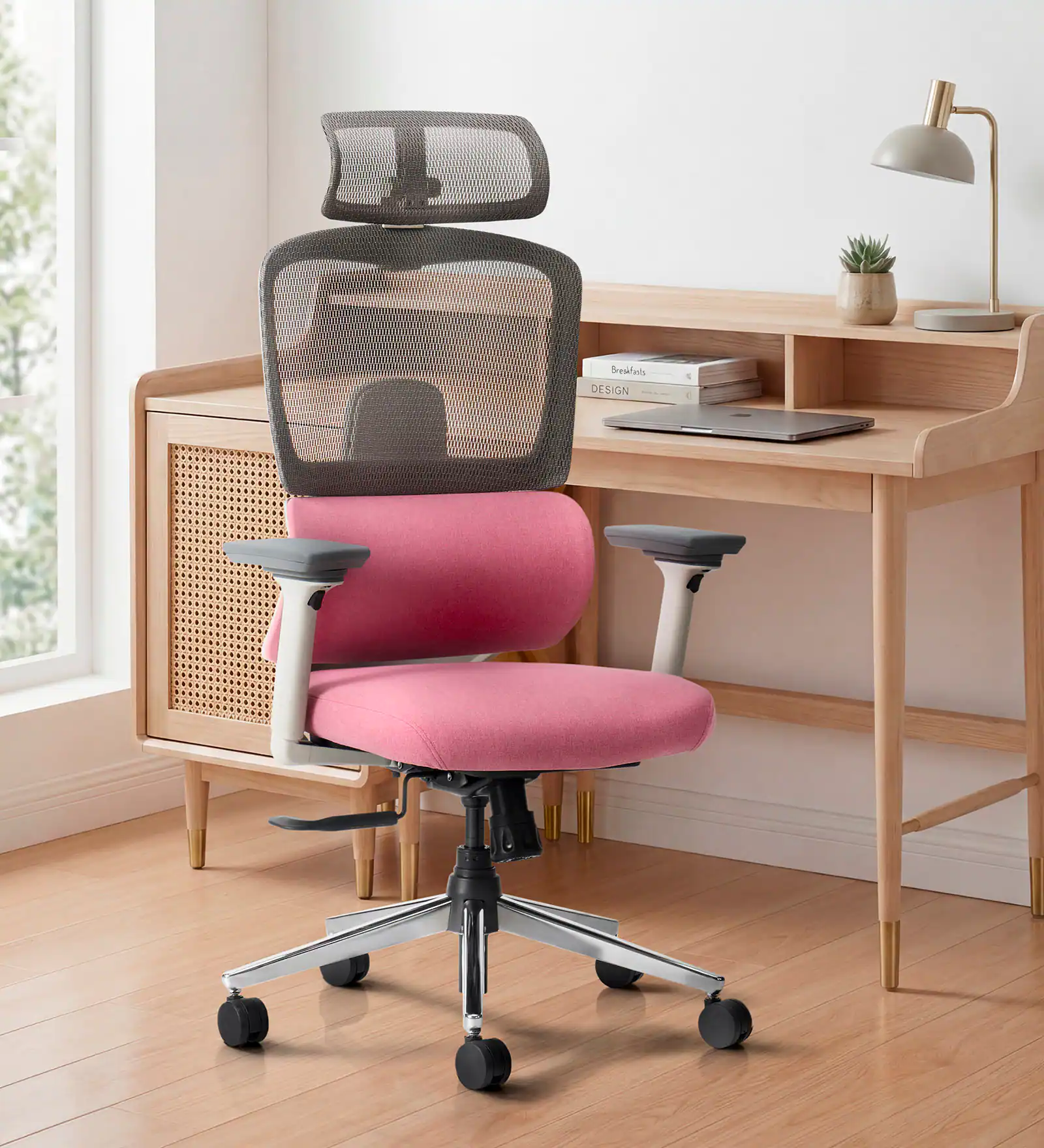 Office Chair with Seat Slider and 4D Armrests in Pink Colour